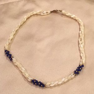 Beaded white, Blue and Gold necklace
